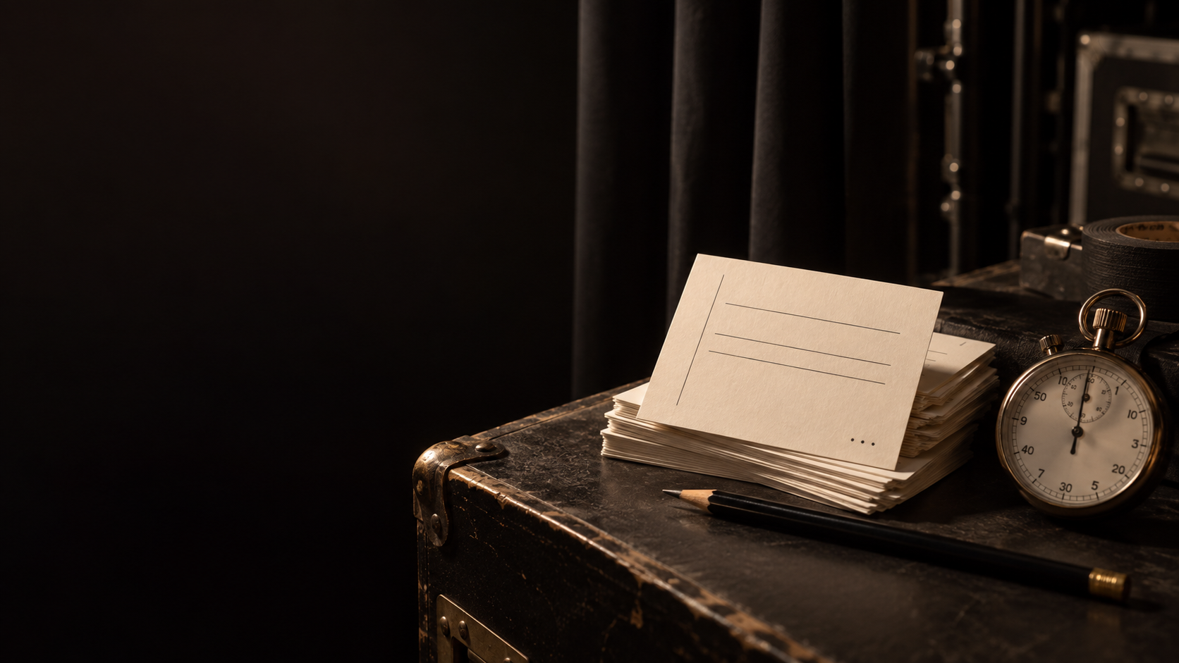 Paper cue cards and a stopwatch on a backstage desk
